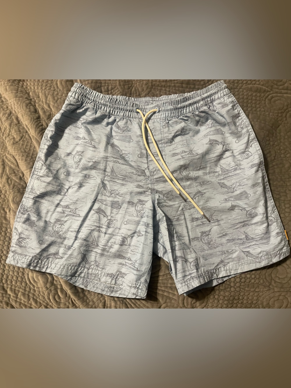 Quiksilver Light Gray Fish-Print Swim Trunks with Cream Drawcord